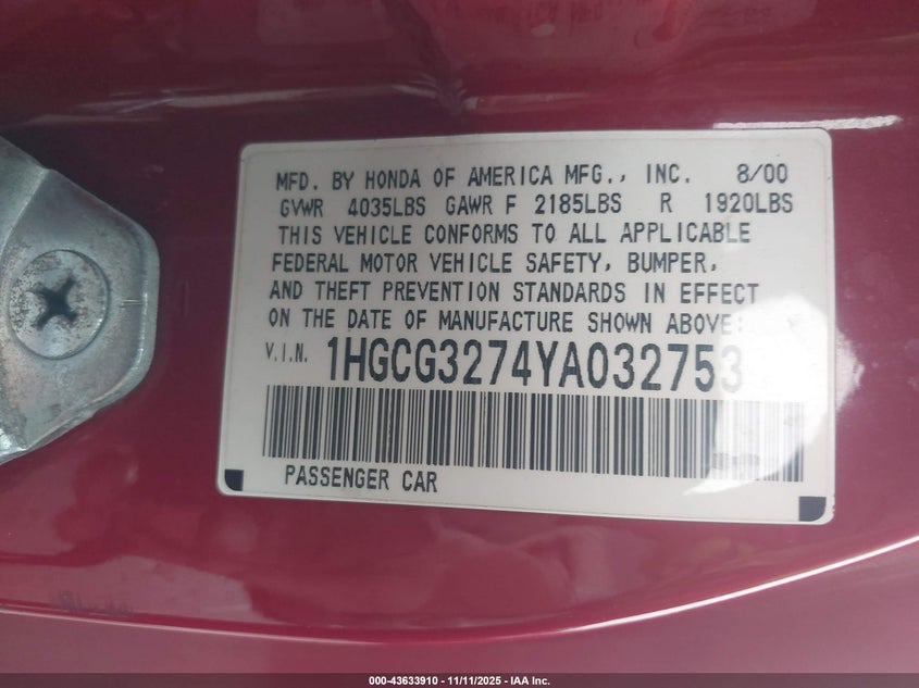 2000 Honda Accord 2.3 Ex VIN: 1HGCG3274YA032753 Lot: 43633910