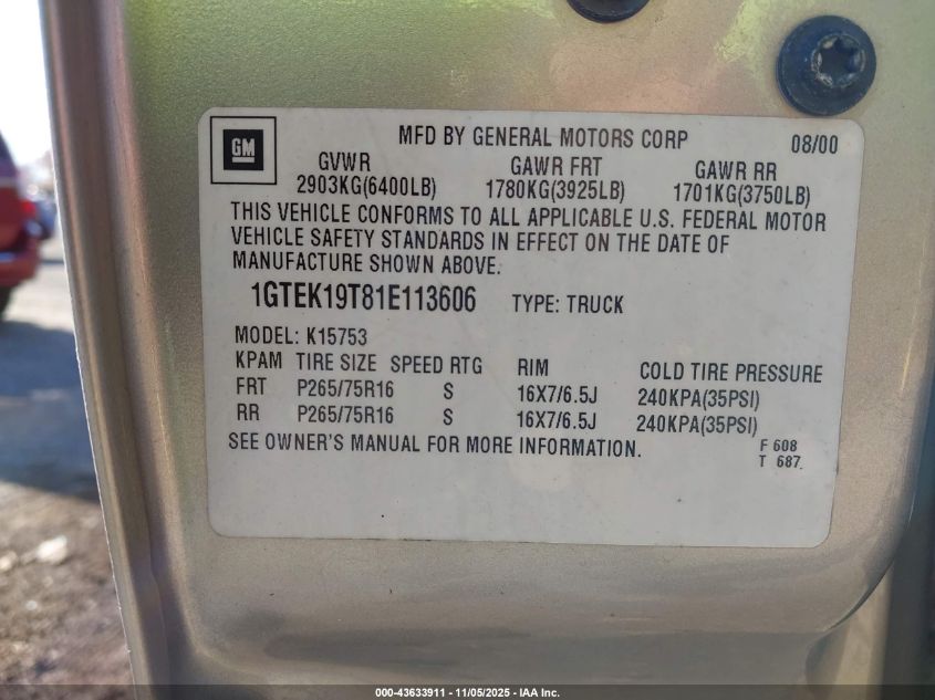 2001 GMC Sierra 1500 Sle VIN: 1GTEK19T81E113606 Lot: 43633911