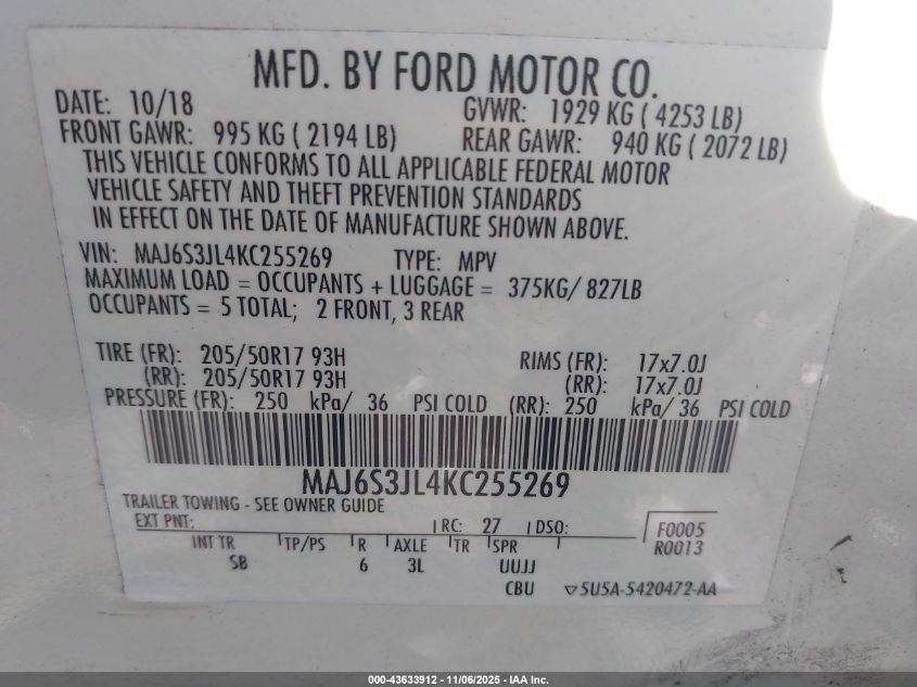 2019 Ford Ecosport Ses VIN: MAJ6S3JL4KC255269 Lot: 43633912