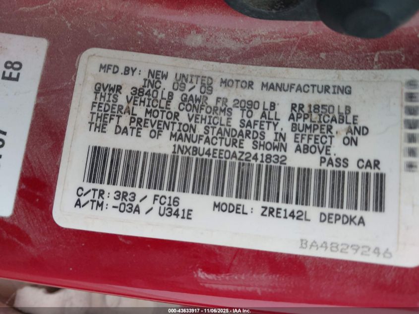 2010 Toyota Corolla Le VIN: 1NXBU4EE0AZ241832 Lot: 43633917