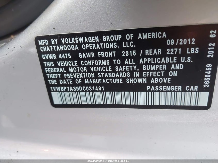 1VWBP7A39DC031481 2013 VOLKSWAGEN PASSAT photo no. 9