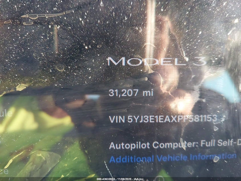 2023 Tesla Model 3 Rear-Wheel Drive VIN: 5YJ3E1EAXPF581153 Lot: 43633952