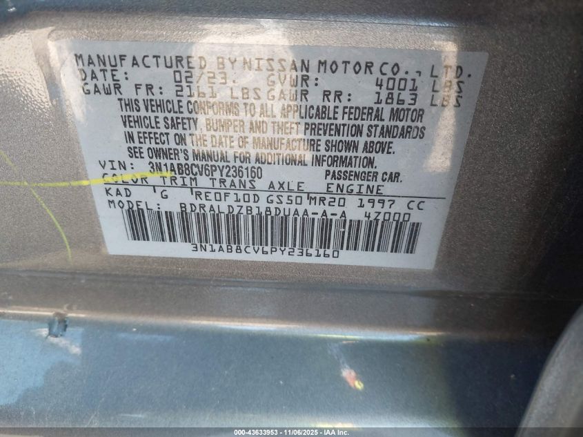 2023 Nissan Sentra Sv Xtronic Cvt VIN: 3N1AB8CV6PY236160 Lot: 43633953