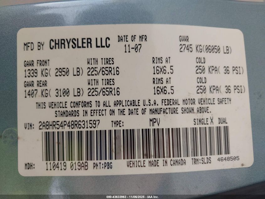 2008 Chrysler Town & Country Touring VIN: 2A8HR54P48R631597 Lot: 43633963