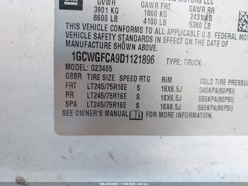 2013 Chevrolet Express 2500 Work Van VIN: 1GCWGFCA9D1121896 Lot: 43633987