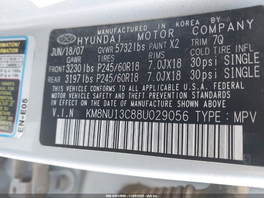 2008 Hyundai Veracruz Gls/Limited/Se VIN: KM8NU13C88U029056 Lot: 43633988