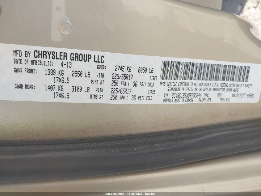 2013 Chrysler Town & Country Touring VIN: 2C4RC1BGXDR755344 Lot: 43633996