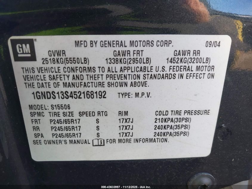 2005 Chevrolet Trailblazer Ls VIN: 1GNDS13S452168192 Lot: 43633997