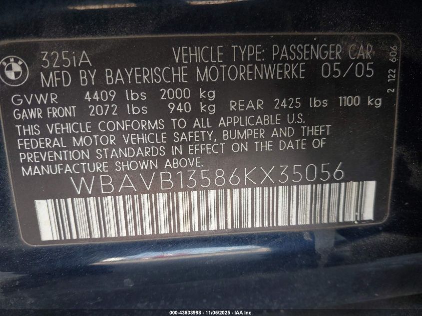 2006 BMW 325I VIN: WBAVB13586KX35056 Lot: 43633998