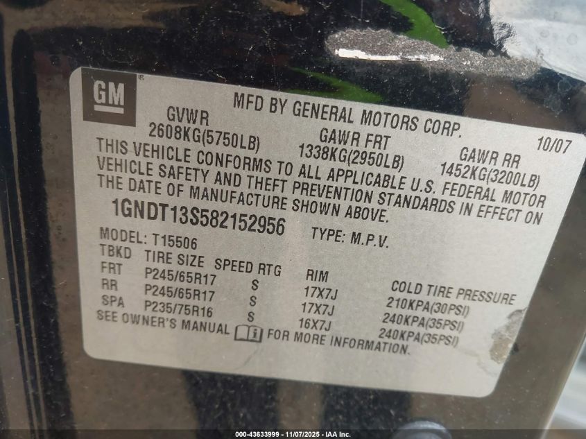 2008 Chevrolet Trailblazer Fleet VIN: 1GNDT13S582152956 Lot: 43633999