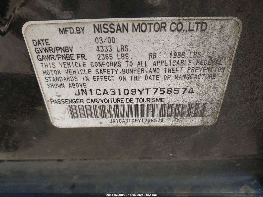 2000 Nissan Maxima Gle/Gxe/Se VIN: JN1CA31D9YT758574 Lot: 43634000