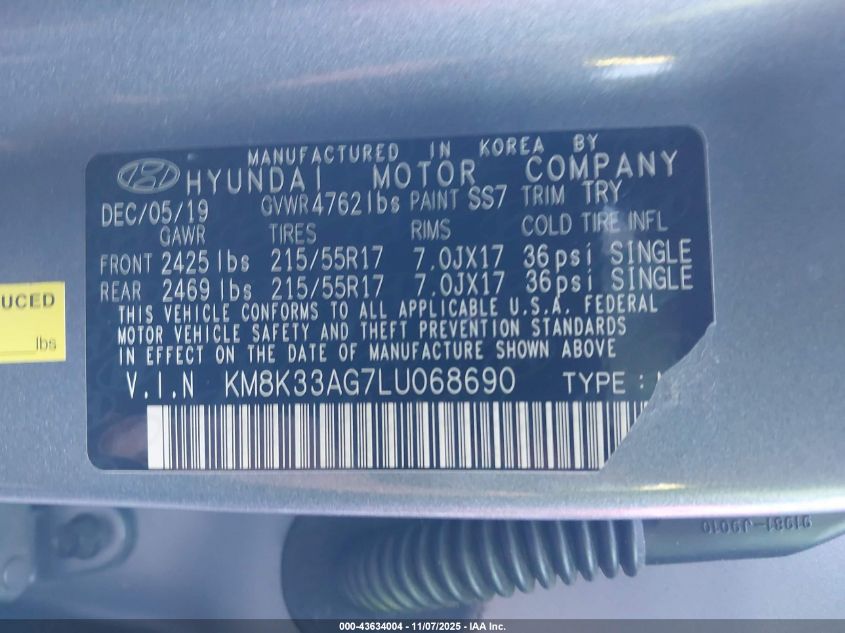 2020 Hyundai Kona Electric Limited VIN: KM8K33AG7LU068690 Lot: 43634004