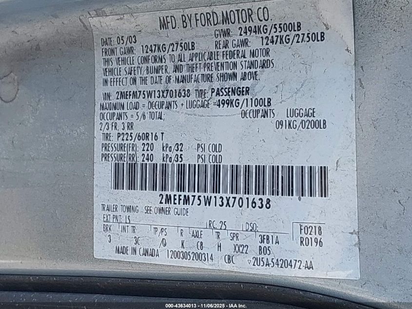 2003 Mercury Grand Marquis Ls VIN: 2MEFM75W13X701638 Lot: 43634013