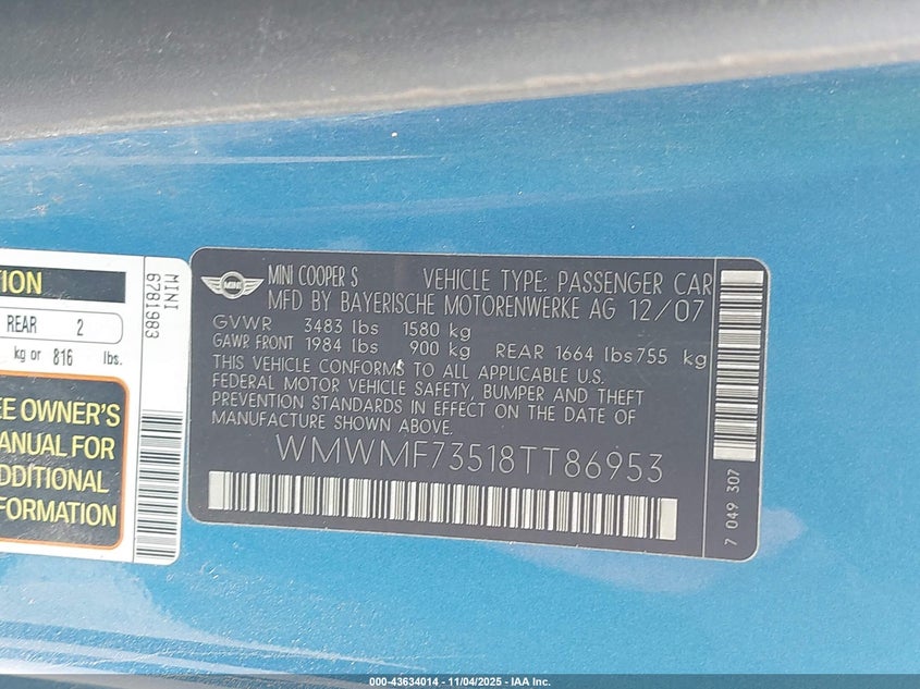 2008 Mini Cooper S VIN: WMWMF73518TT86953 Lot: 43634014