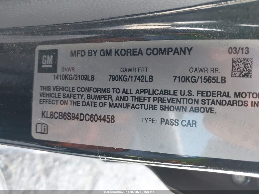 2013 Chevrolet Spark Ls Auto VIN: KL8CB6S94DC604458 Lot: 43634032