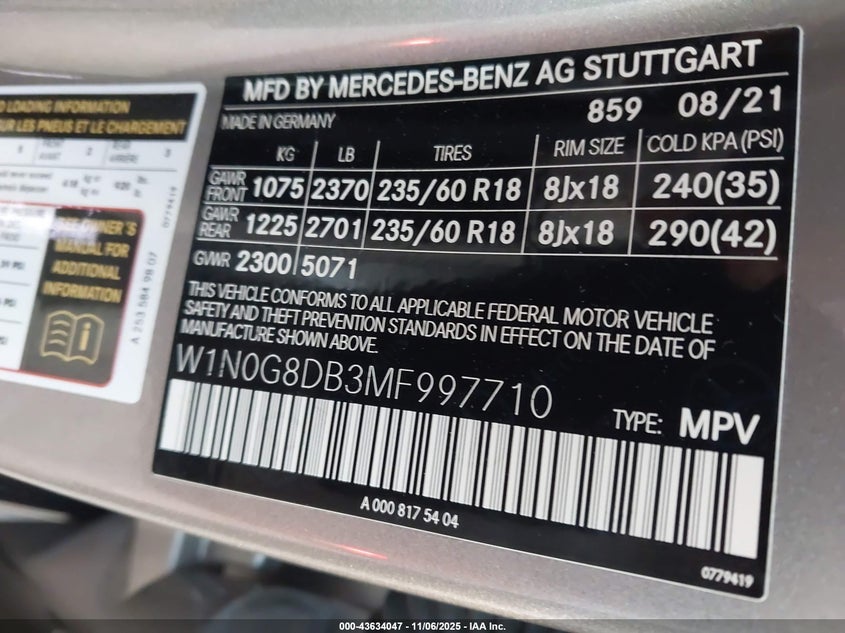 2021 MERCEDES-BENZ GLC 300 SUV W1N0G8DB3MF997710