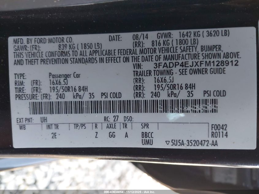 2015 Ford Fiesta Se VIN: 3FADP4EJXFM128912 Lot: 43634054