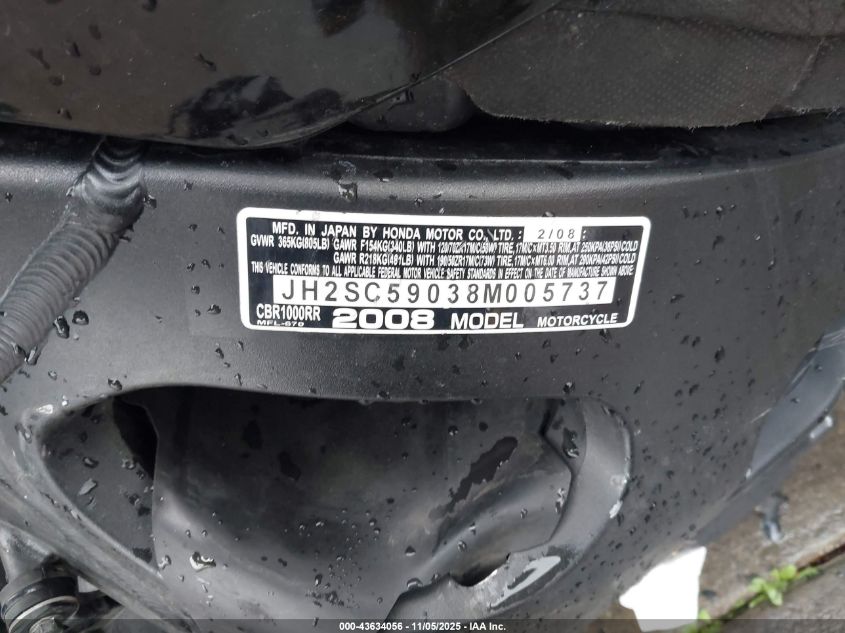 2008 Honda Cbr1000 Rr VIN: JH2SC59038M005737 Lot: 43634056