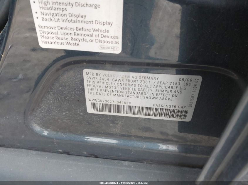 2007 Volkswagen Passat 2.0T VIN: WVWGK73C27P044638 Lot: 43634074