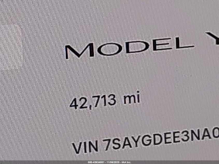 2022 Tesla Model Y Long Range Dual Motor All-Wheel Drive VIN: 7SAYGDEE3NA002120 Lot: 43634081