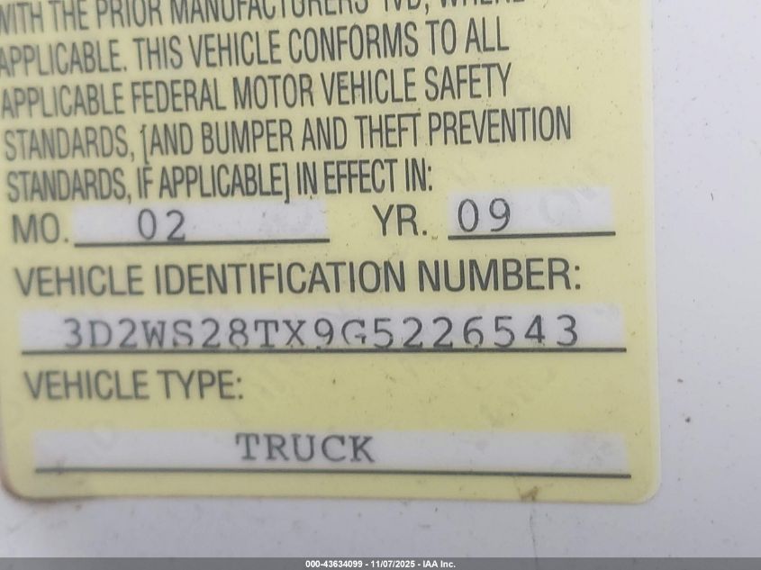 2009 Dodge Ram 2500 St VIN: 3D2WS28TX9G526543 Lot: 43634099
