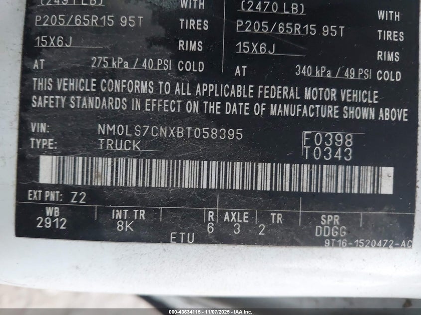 2011 Ford Transit Connect Xl VIN: NM0LS7CNXBT058395 Lot: 43634115