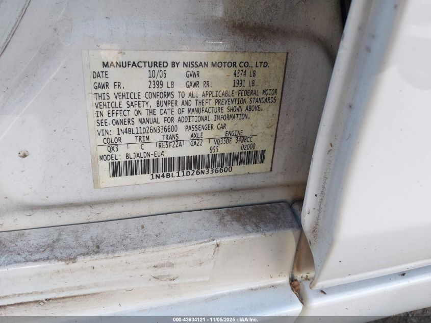 2006 Nissan Altima 3.5 Sl VIN: 1N4BL11D26N336600 Lot: 43634121