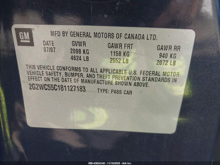 2008 Pontiac Grand Prix Gxp VIN: 2G2WC55C181127118 Lot: 43634145