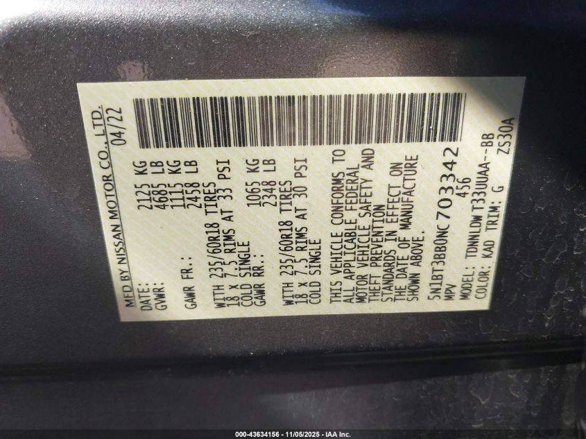 2022 Nissan Rogue Sv VIN: 5N1BT3BB0NC703342 Lot: 43634156