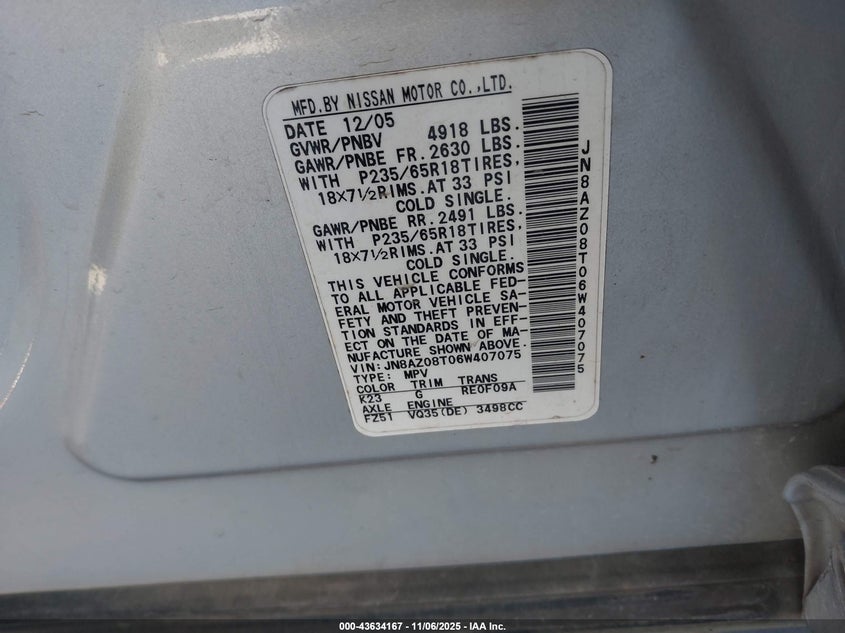 2006 Nissan Murano Sl VIN: JN8AZ08T06W407075 Lot: 43634167