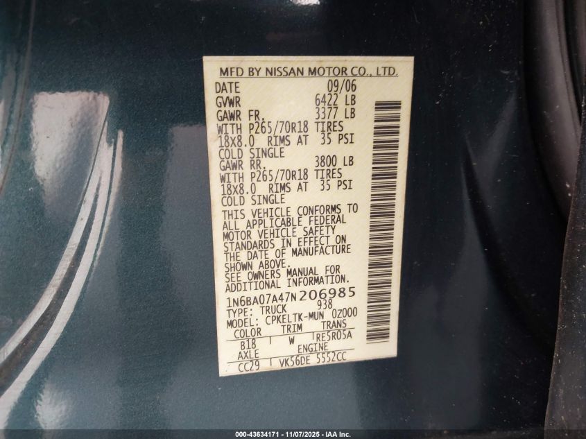 2007 Nissan Titan Se VIN: 1N6BA07A47N206985 Lot: 43634171