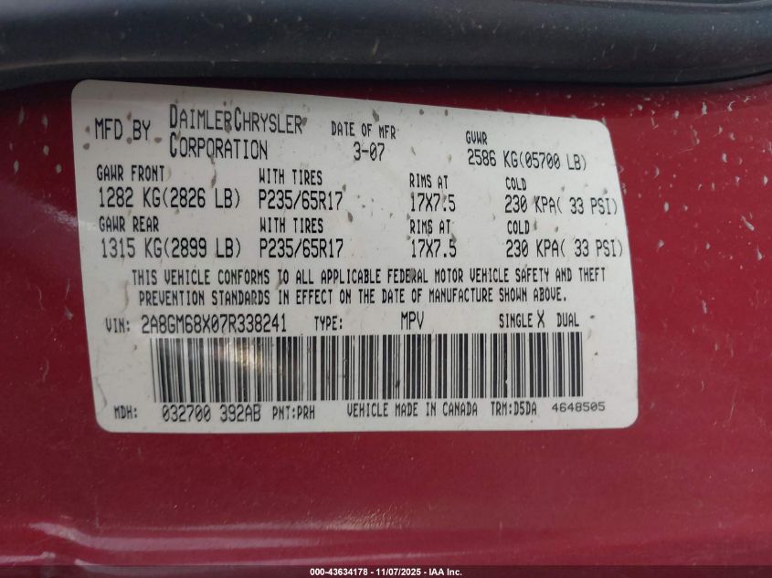 2007 Chrysler Pacifica Touring VIN: 2A8GM68X07R338241 Lot: 43634178