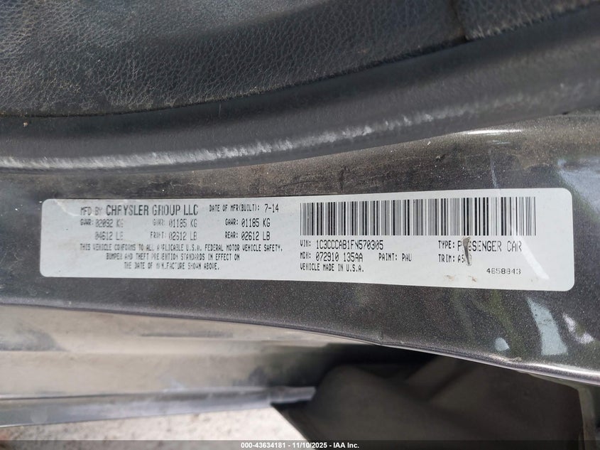 2015 Chrysler 200 Limited VIN: 1C3CCCAB1FN570305 Lot: 43634181