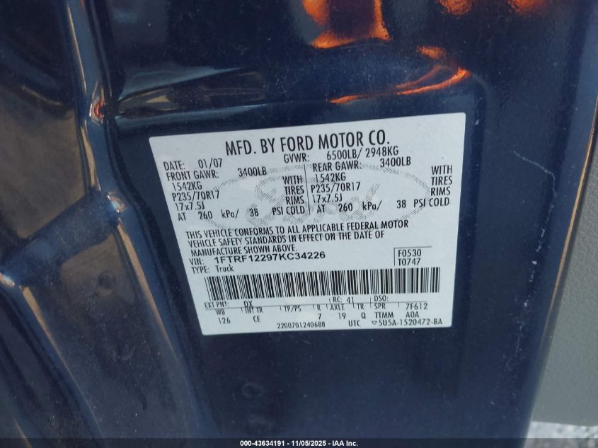 2007 Ford F-150 Stx/Xl/Xlt VIN: 1FTRF12297KC34226 Lot: 43634191