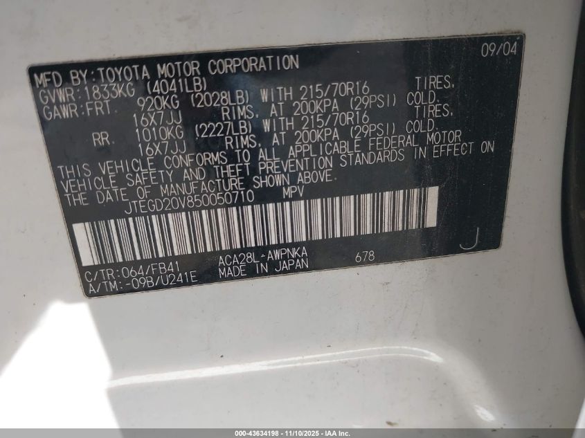 2005 Toyota Rav4 VIN: JTEGD20V850050710 Lot: 43634198