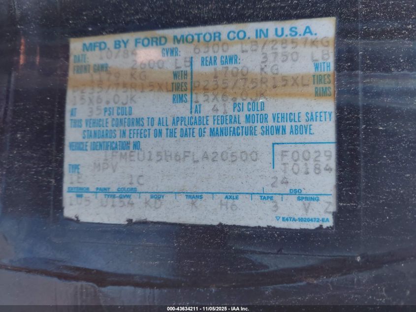 1985 Ford Bronco U100 VIN: 1FMEU15H6FLA20500 Lot: 43634211