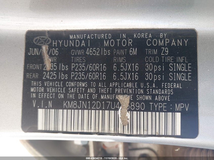 2007 Hyundai Tucson Limited/Se VIN: KM8JN12D17U485890 Lot: 43634219