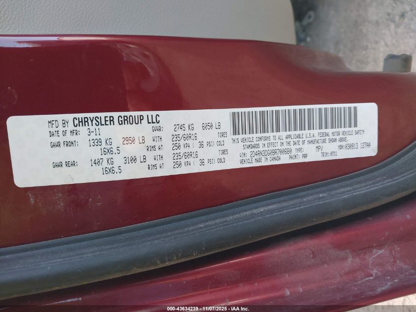 2011 Dodge Grand Caravan Mainstreet VIN: 2D4RN3DG0BR700680 Lot: 43634239