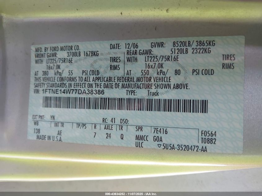 2007 Ford E-150 Commercial/Recreational VIN: 1FTNE14W77DA38386 Lot: 43634252