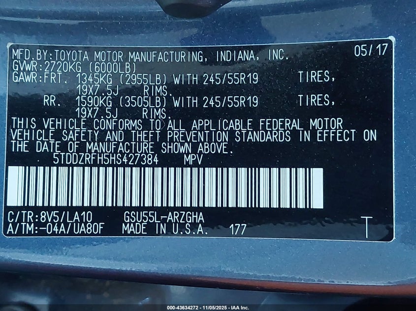 2017 TOYOTA HIGHLANDER LIMITED 5TDDZRFH5HS427384