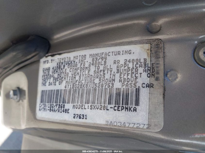 1999 Toyota Camry Le VIN: 4T1BG28K0XU520753 Lot: 43634279