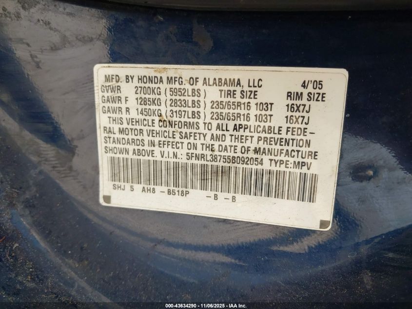 2005 Honda Odyssey Ex-L VIN: 5FNRL38755B092054 Lot: 43634290