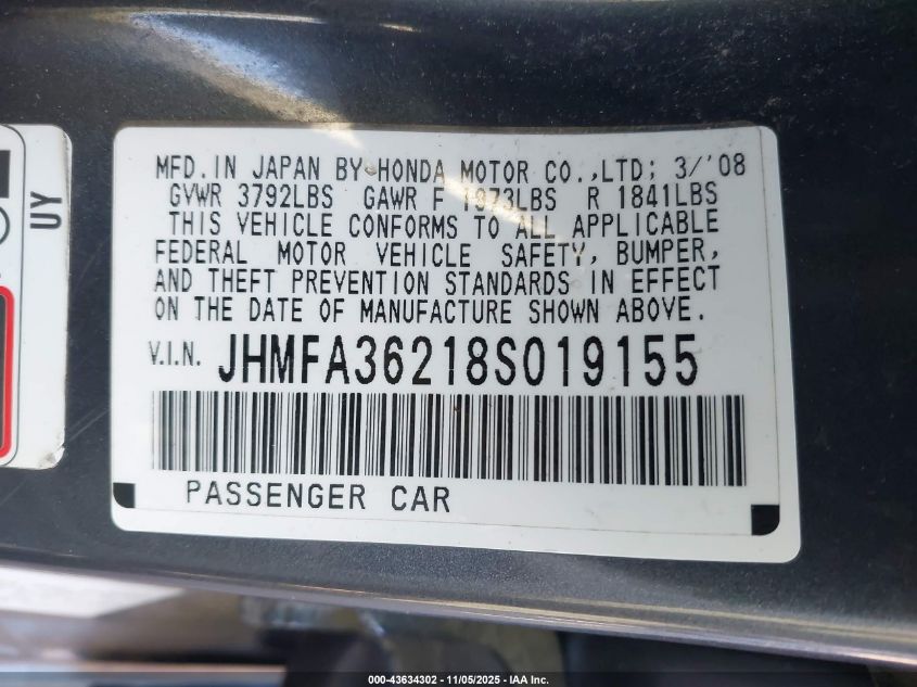 2008 Honda Civic Hybrid VIN: JHMFA36218S019155 Lot: 43634302
