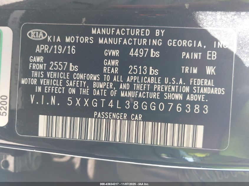 2016 Kia Optima Lx VIN: 5XXGT4L38GG076383 Lot: 43634317