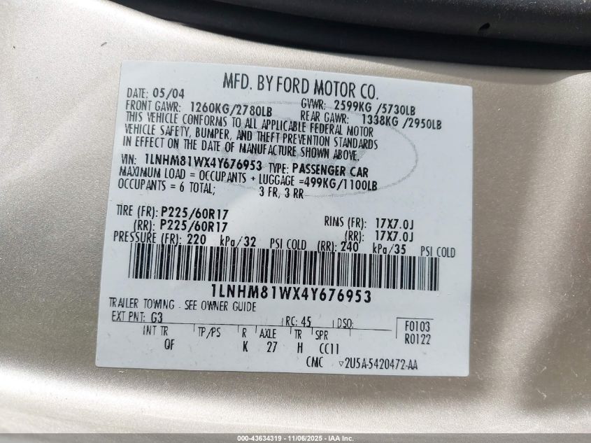 2004 Lincoln Town Car Signature VIN: 1LNHM81WX4Y676953 Lot: 43634319