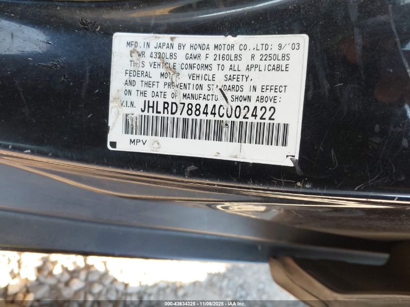 2004 Honda Cr-V Ex VIN: JHLRD78844C002422 Lot: 43634325