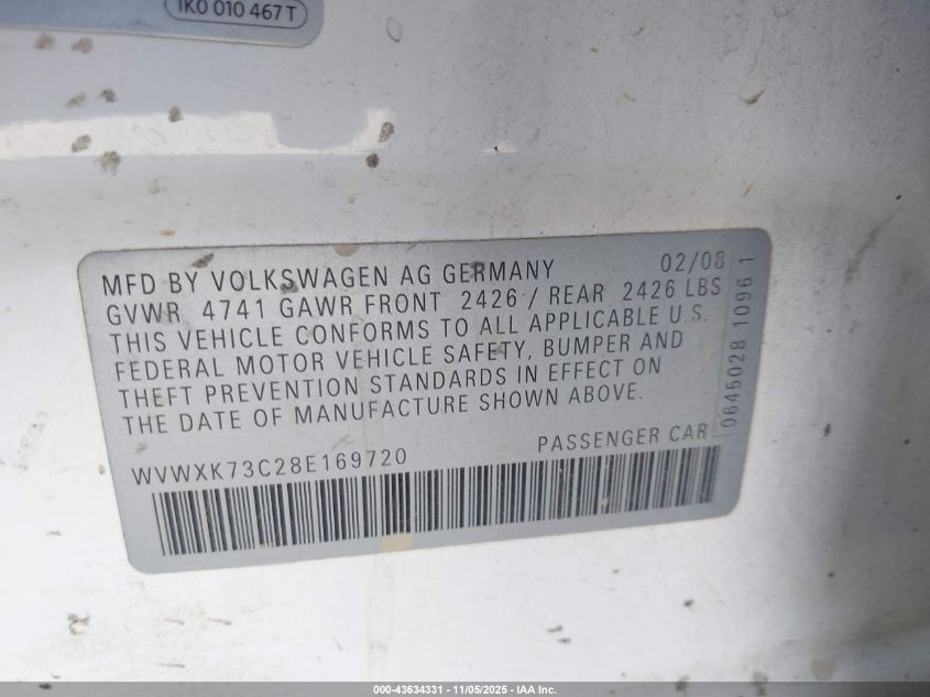2008 Volkswagen Passat Turbo VIN: WVWXK73C28E169720 Lot: 43634331