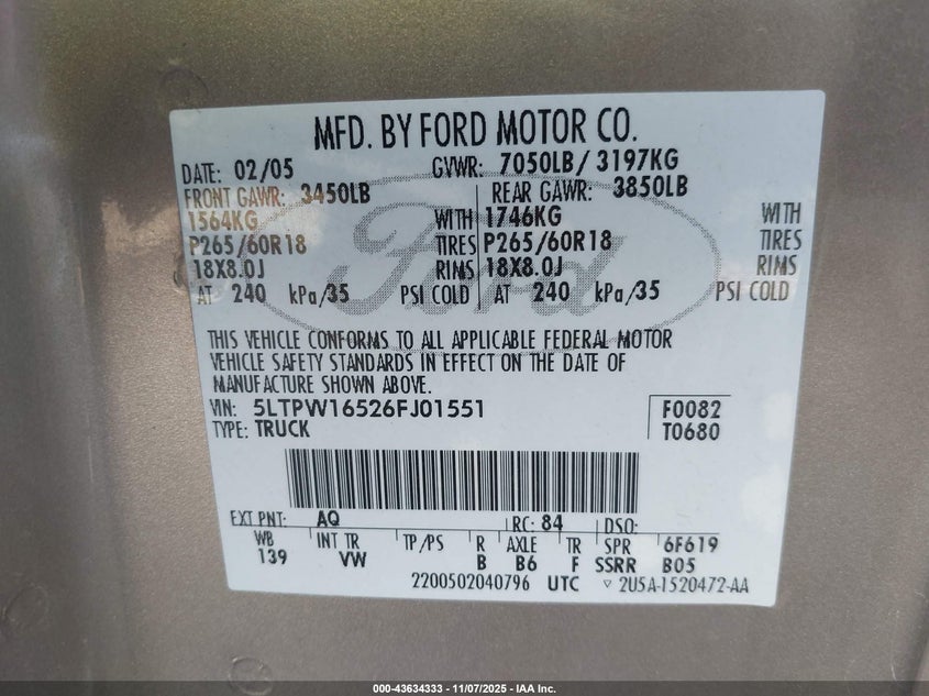 2006 Lincoln Mark Lt VIN: 5LTPW16526FJ01551 Lot: 43634333