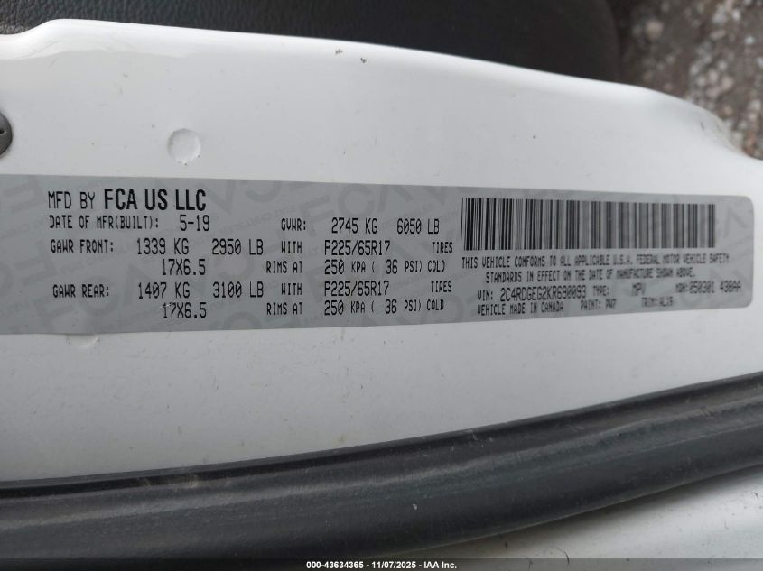 2019 Dodge Grand Caravan Gt VIN: 2C4RDGEG2KR690093 Lot: 43634365