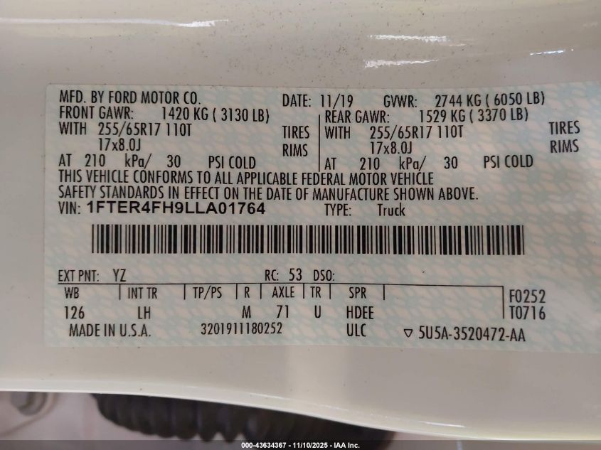 2020 Ford Ranger Xlt VIN: 1FTER4FH9LLA01764 Lot: 43634367